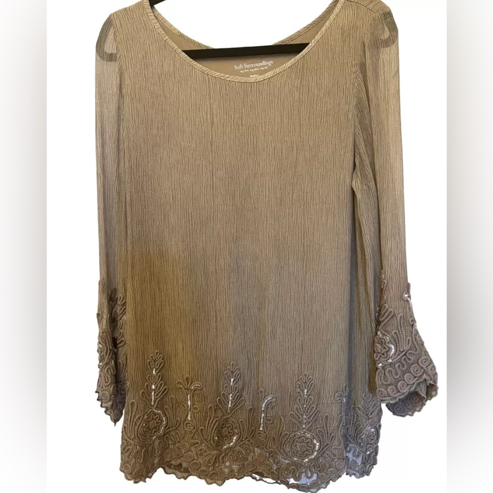 NWOT Soft Surroundings Women's Sequin Trimmed Tan Tunic Top.